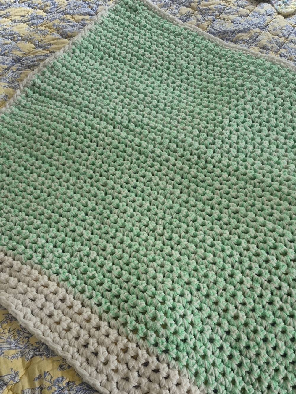 Handmade Mint Green Crochet Throw Or Baby Blanket with White Border